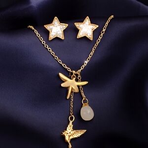 Gold Fairy Bird Pendant Necklace & Sparkling Star Crystal Earrings – Whimsical